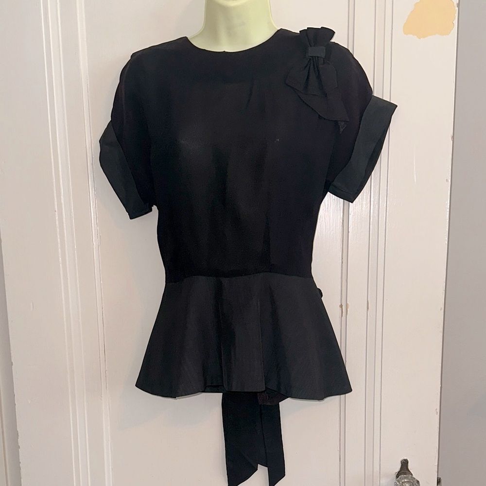 Vintage 60s‎ Dressy Black Peplum Button Back Blouse with Bow at neck & in back